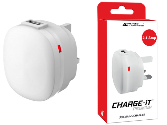 Advanced Accessories Charge-iT Premium USB Mains Charger Adapter 2.1Amp-white