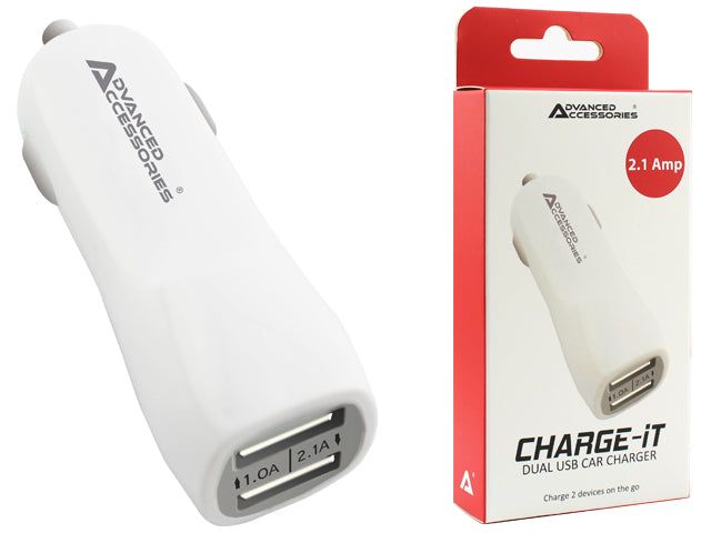 Advanced Accessories CHARGE-iT Premium Dual USB Car Charger with 2A and 1A USB Slots-White