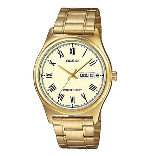 Casio Men's Champagne Dial Stainless Steel Day Date Bracelet Watch MTP-V006G-9BUDF