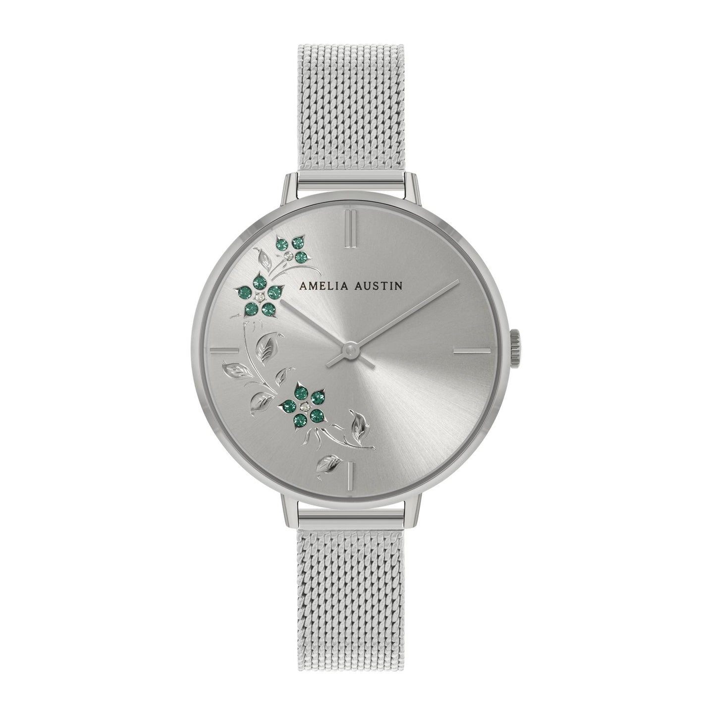 Amelia Austin Ladies Floral Silver Stainless Steel Mesh Green Stone Set Etched Dial Watch AA4003