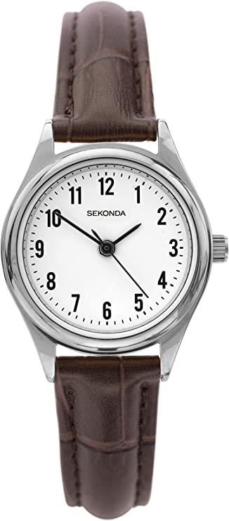 Sekonda Ladies Round White Dial Brown Leather Strap Watch - 2896