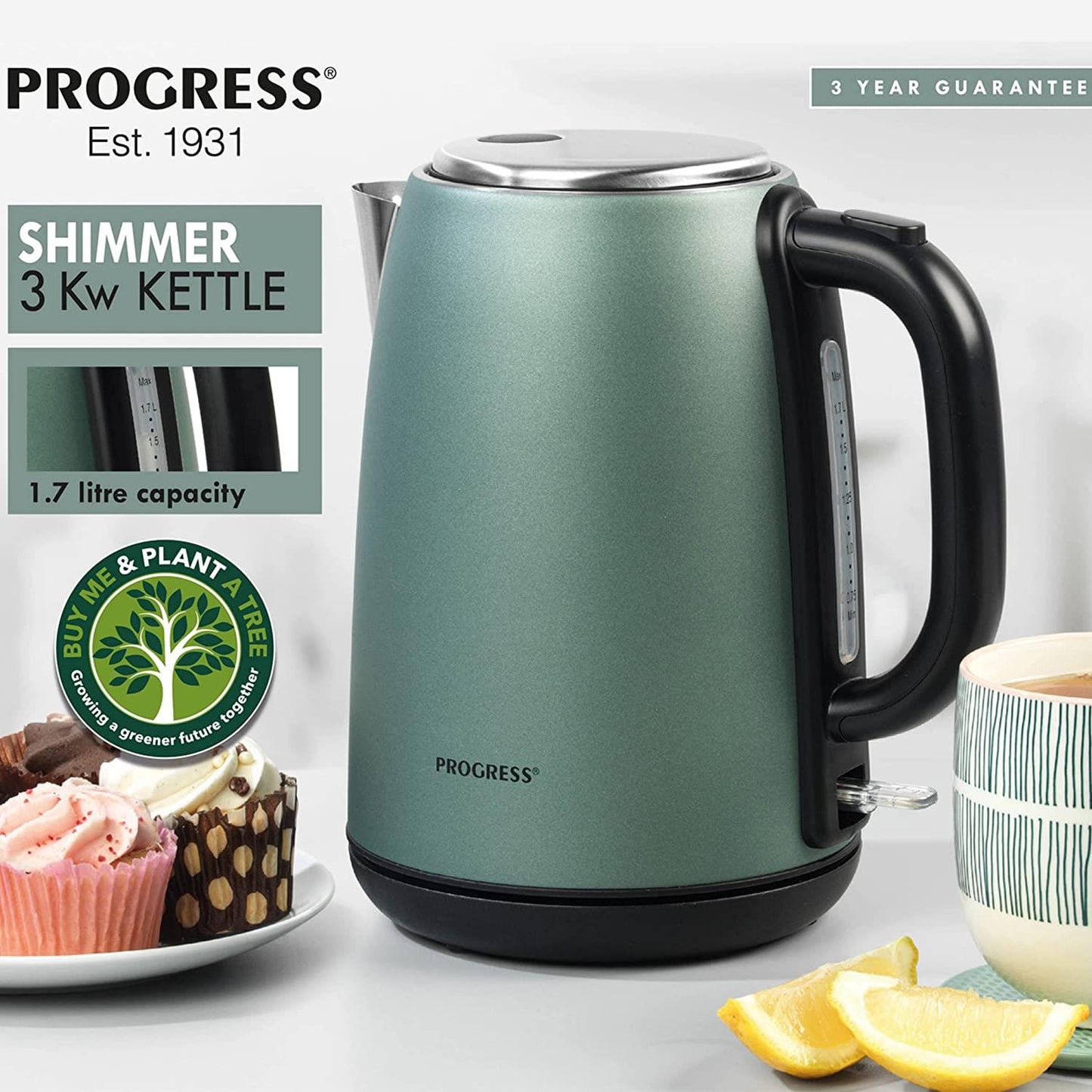 Progress Shimmer Kettle 1.7 Litres, 3000 W | Rapid Boil | Strix Controlled |Boil-Dry Sensor | Auto Shut-Off | Swivel Base - Green