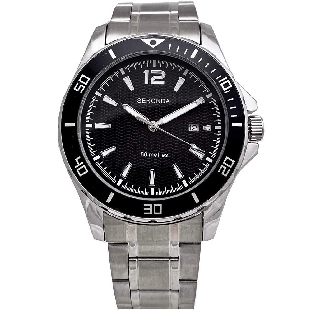 Sekonda Chrome Plated Stainless Steel Black Dial & Bracelet Strap Gents Watch 1408