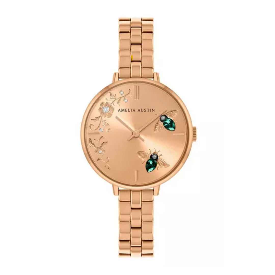Amelia Austin Ladies Bumble Bee Rose Gold Stainless Steel Bracelet Green Stone Set Etched Dial Watch AA4010