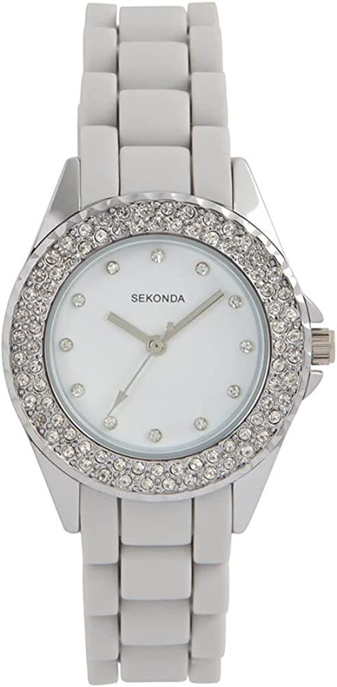 Sekonda Ladies Silver Case White Dial Bling Grey Silicone Strap Watch 2510