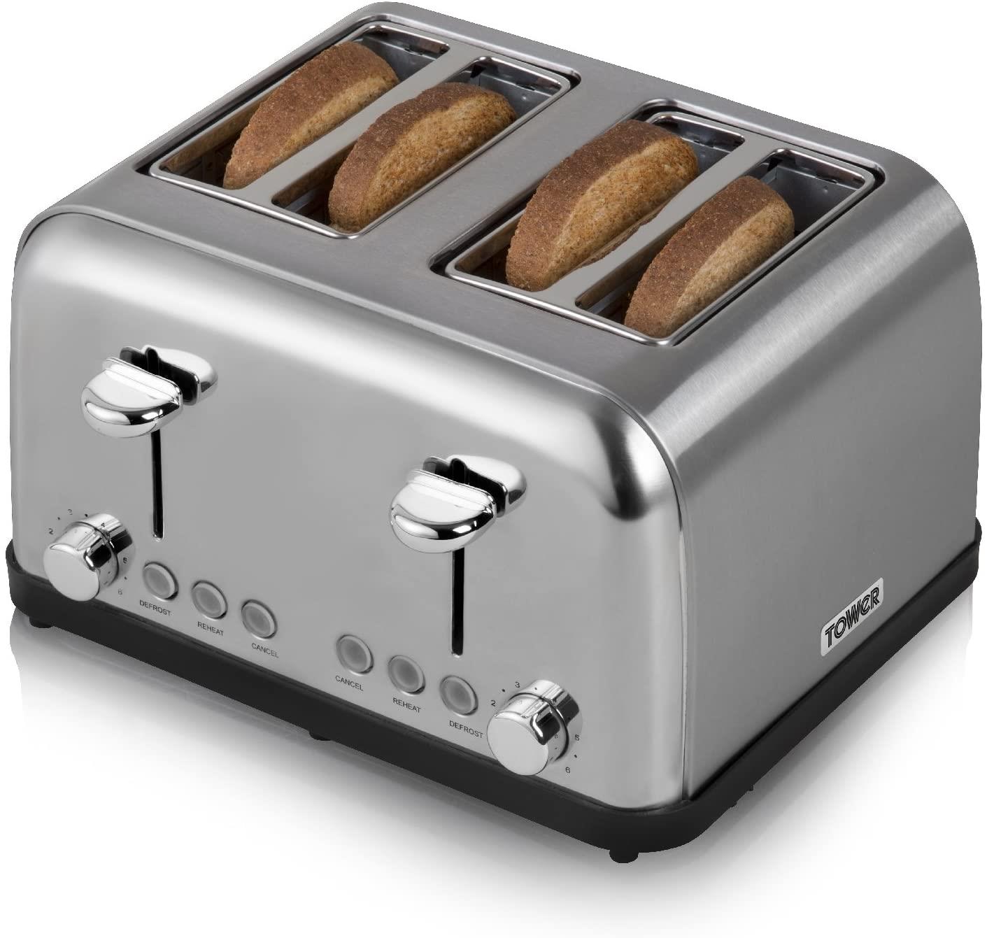 Tower Stainless Steel Toaster, 4 Slices - Silver T20003