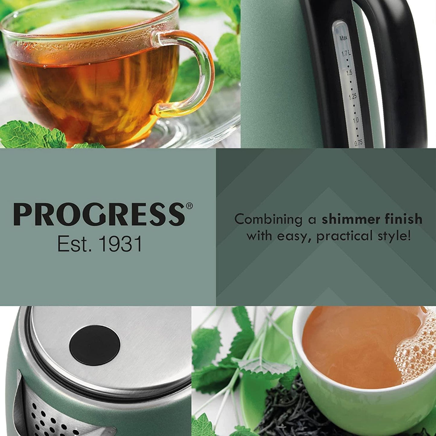 Progress Shimmer Kettle 1.7 Litres, 3000 W | Rapid Boil | Strix Controlled |Boil-Dry Sensor | Auto Shut-Off | Swivel Base - Green