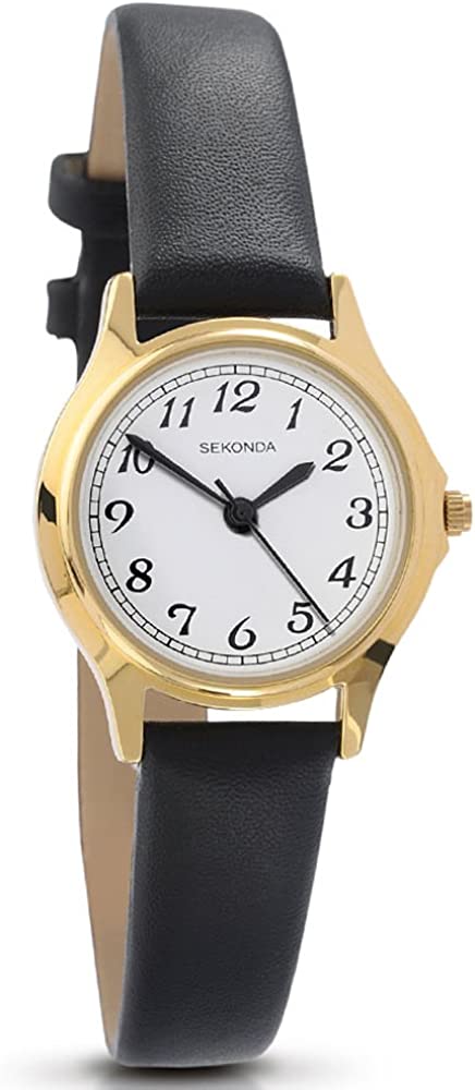 Sekonda Ladies Basic Gold Plated White Dial Black Leather Strap Watch 4134