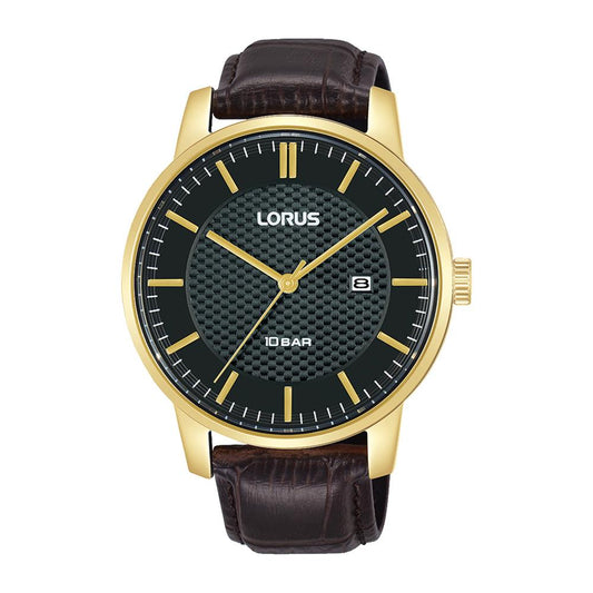 Lorus Mens Black Date Dial Brown Leather Strap Watch RH980NX9
