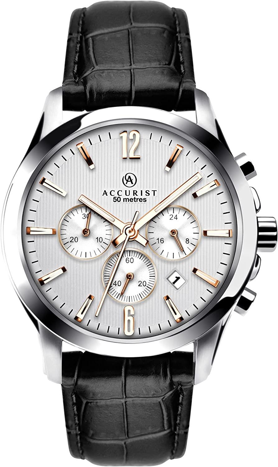 Accurist Mens Sports Chronograph Watch 50m Leather Strap, Stainless Steel 7199