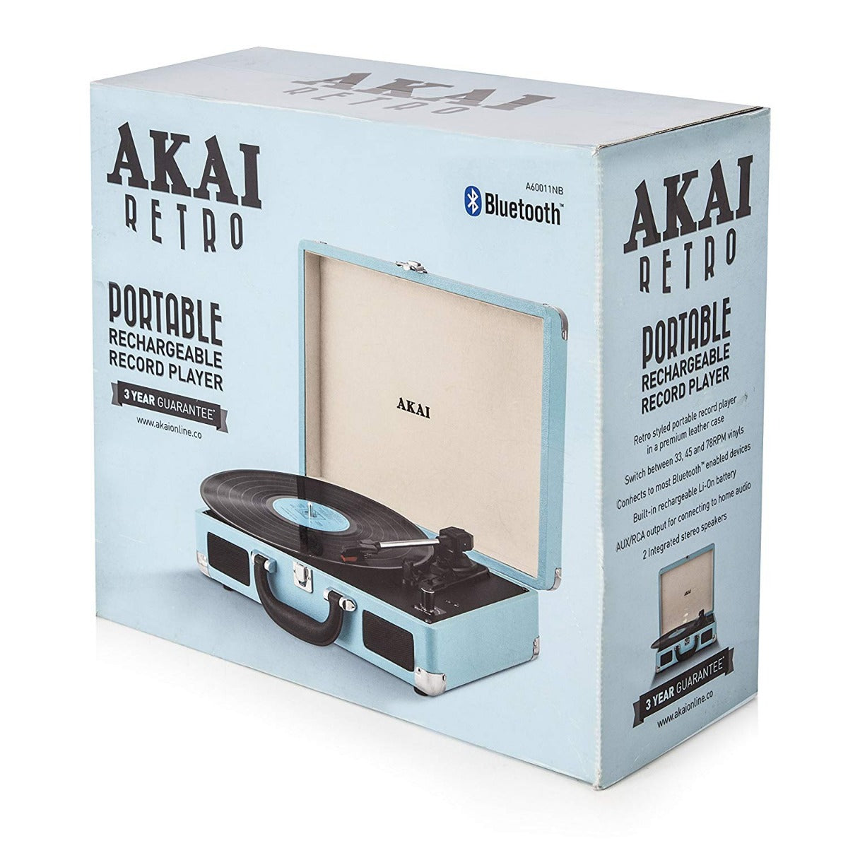 Akai Rechargeable Vinyl Turntable Briefcase Bluetooth Connectivity - Blue A60011NB