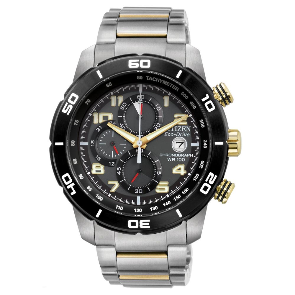 Citizen Mens Primo Eco-drive Black Dial Two Tone Bracelet Chronograph Watch Ca0469-59e