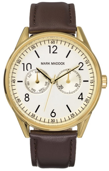 Mark Maddox Mens Quartz Watch With Gold Dial Analogue - Digital Display And Brown Pu Strap Hc0007-24