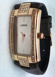 Lorus Ladies Bling Watch White Dial Gold Case Black Leather Strap Rj428bx9