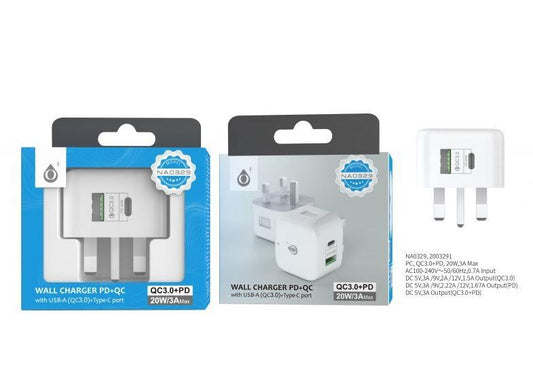 QC Wall Charger Type C | 20W | PD + USB | 3A | White