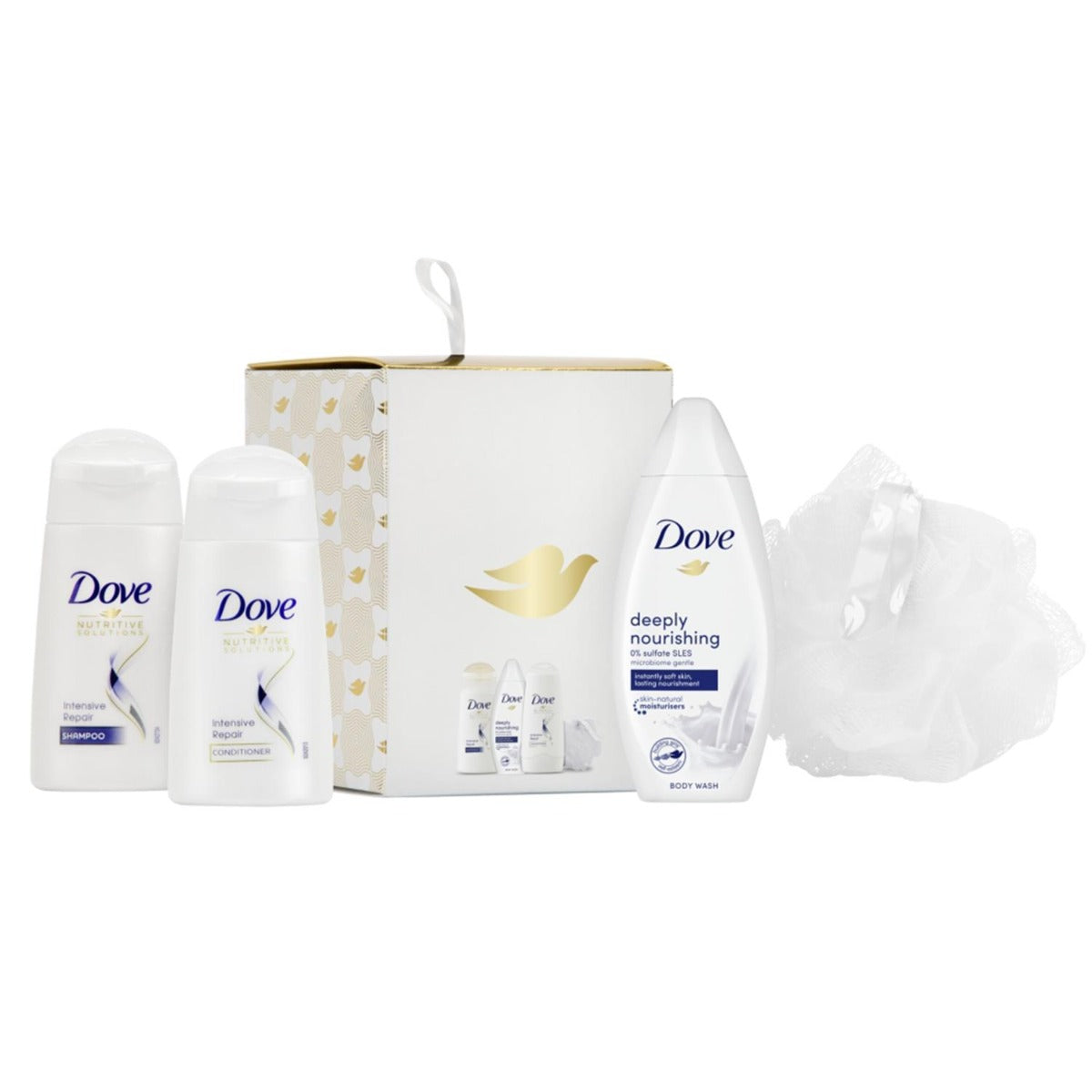 DOVE BOX OF CARE BEAUTY SET 4PC (50ML SHAMPOO, 50ML CONDITIONER, 55ML BODYWASH, SHOWER POOF)