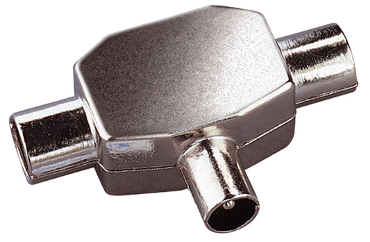 Coaxial T Splitter with Line Plug Input to 2 Coaxial Line Socket Outputs (Metal)