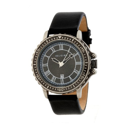 Religion Mens Grey Dial Analogue Display And Black Leather Strap Watch