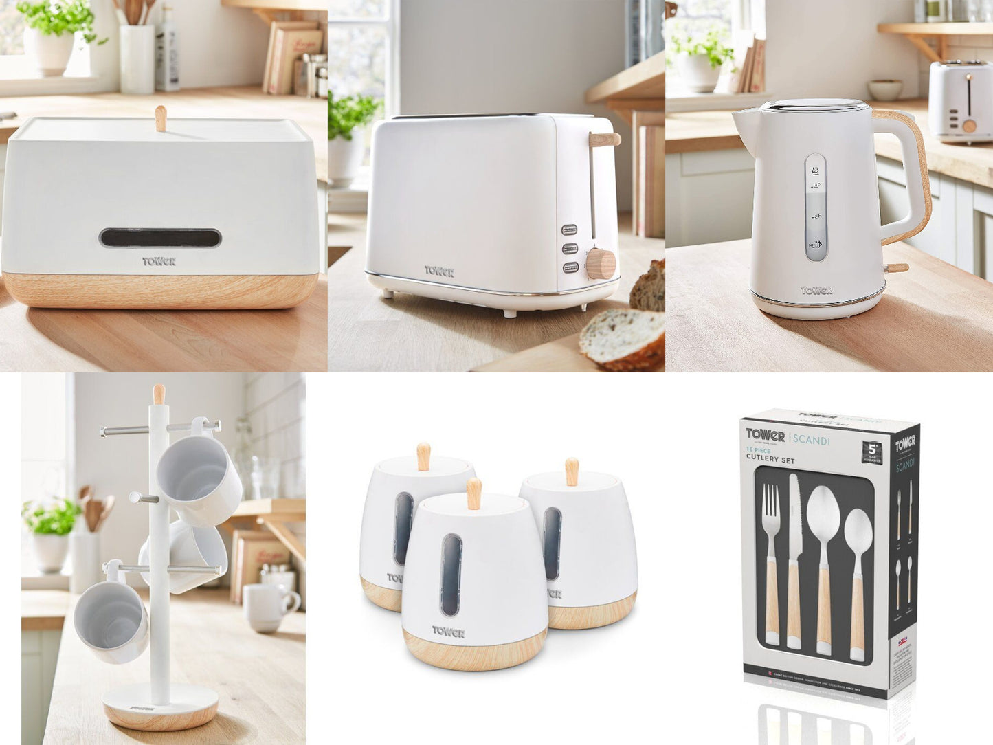 Tower Scandi Kettle, 2 Slice Toaster, Breadbin, Canister, Cutlery, Mug Tree Set