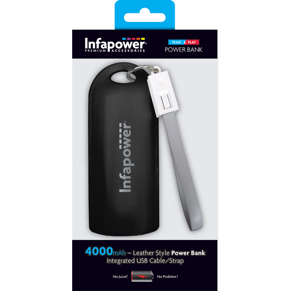 INFAPOWER 4000 mAh Leather Style Portable Mobile Phone Charger Power Bank with Integrated USB Cable and Strap - Black