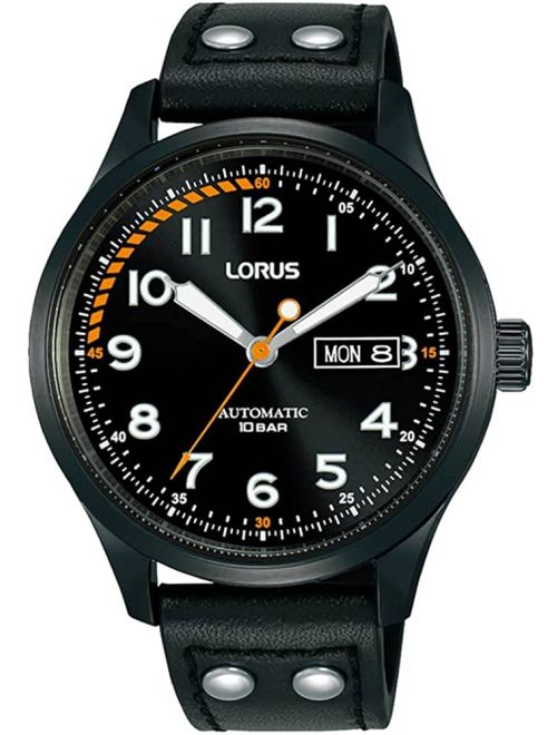 Lorus Mens Day/date Stainless Steel Case With Black Leather Strap Watch Rl461ax9