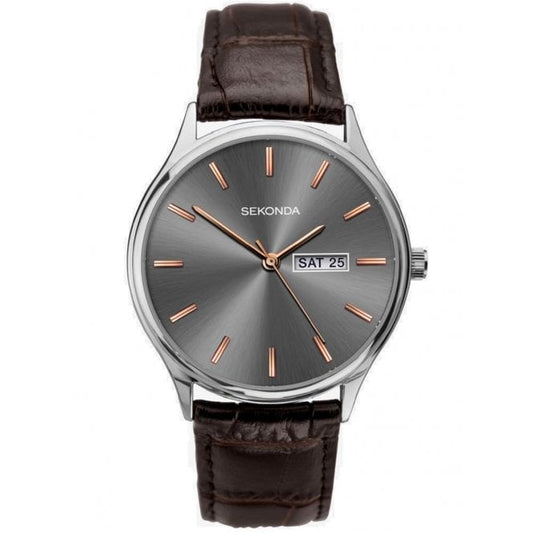 Sekonda Mens Basic Day date Grey Dial Brown Leather Strap Watch 1685