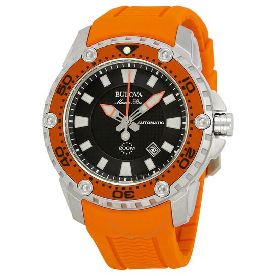 Bulova Marine Star Automatic Black Dial Orange Rubber Mens Watch 98b207