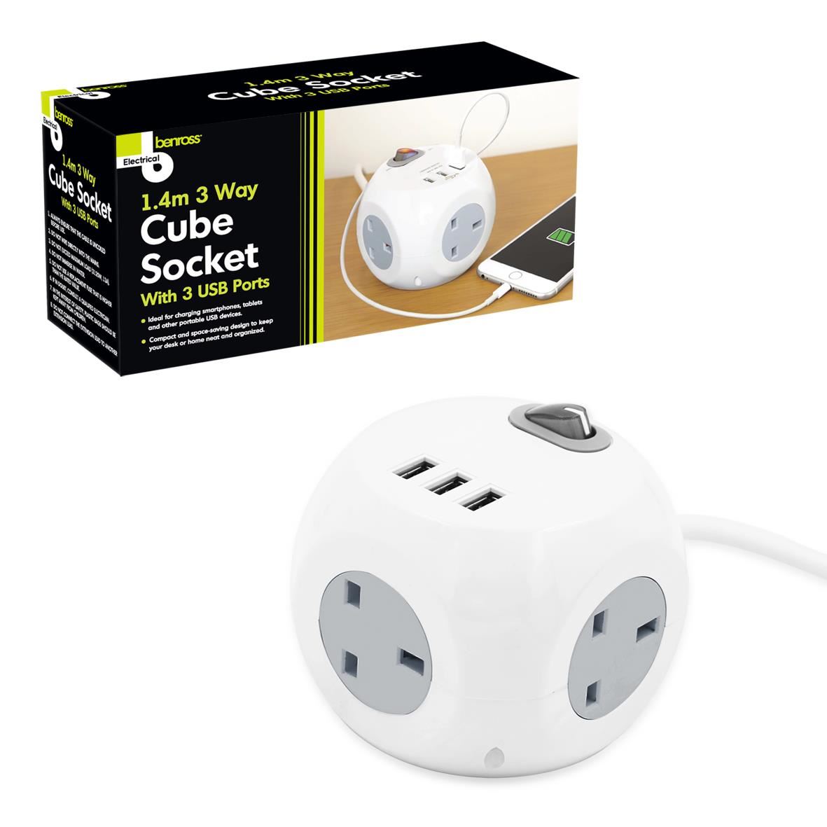 Benross 3 Way Cube Socket Adaptor with 3 USB Ports White- 41079