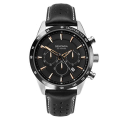 Sekonda Mens Sports Chronograph Dated Black Dial Leather Watch 1700