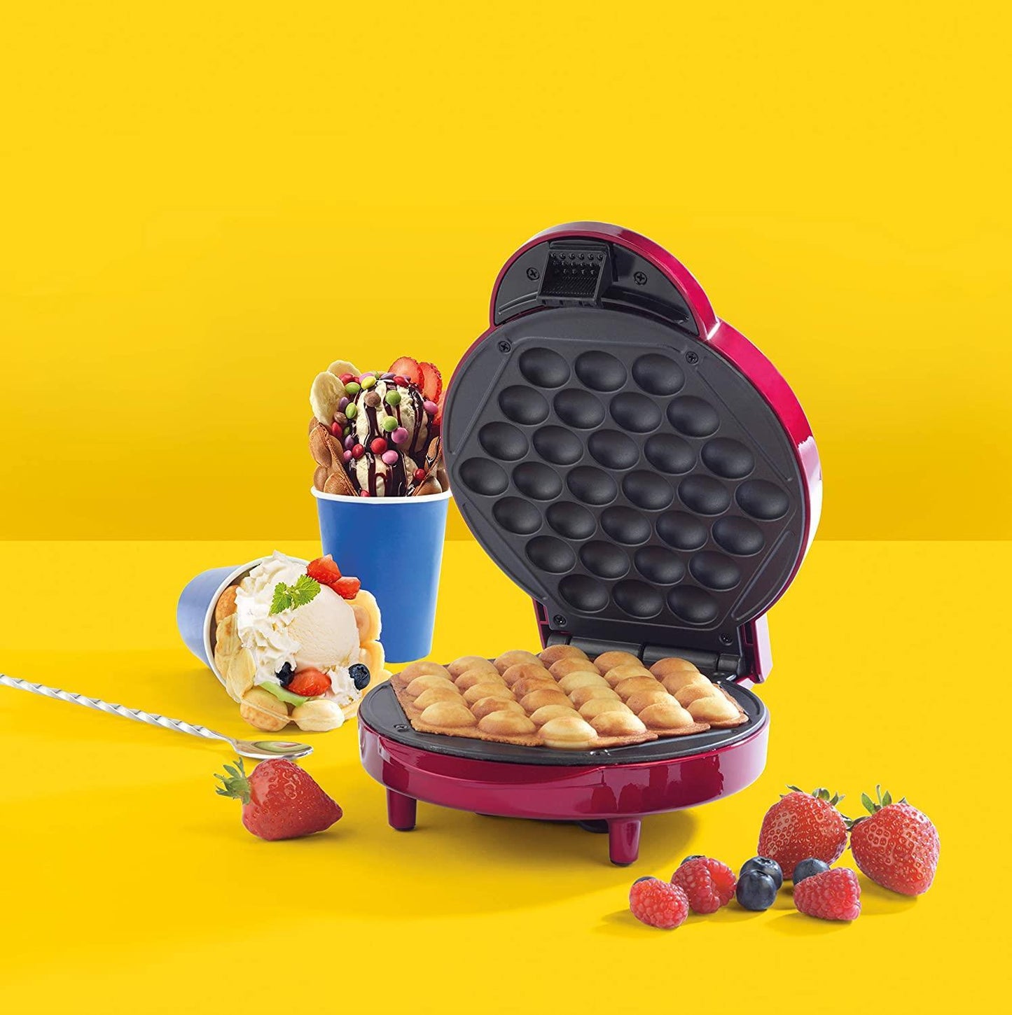 Giles & Posner Electric Bubble Waffle Maker Machine- Red