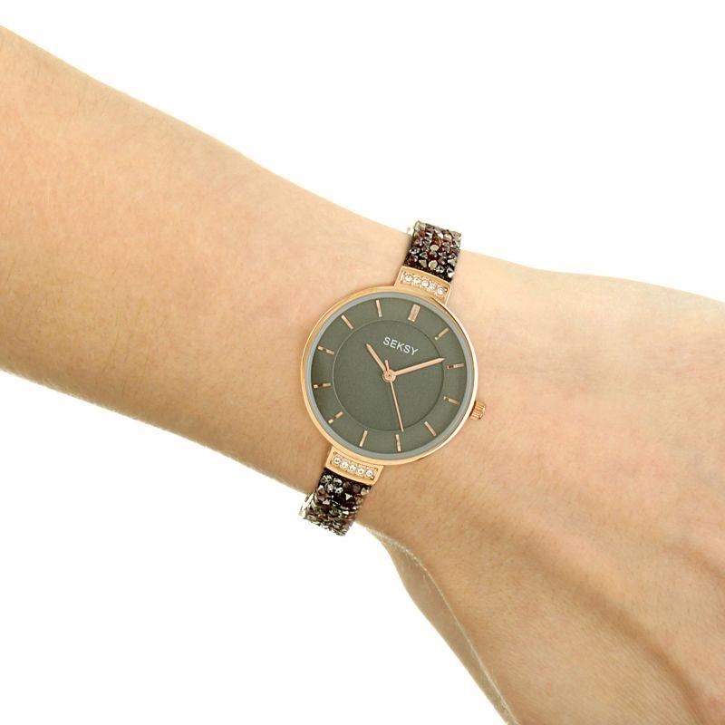 Seksy Rocks Ladies Watch | Rose Gold Case & Leather Bracelet With Grey Dial | 2579