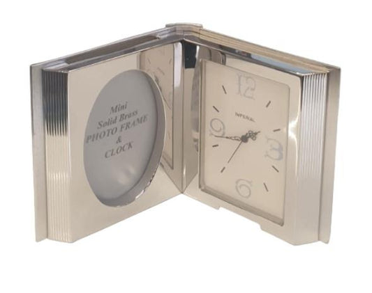 Miniature Clock Silvertone Plated Photo Frame & Clock Solid Brass IMP100S - CLEARANCE NEEDS RE-BATTERY