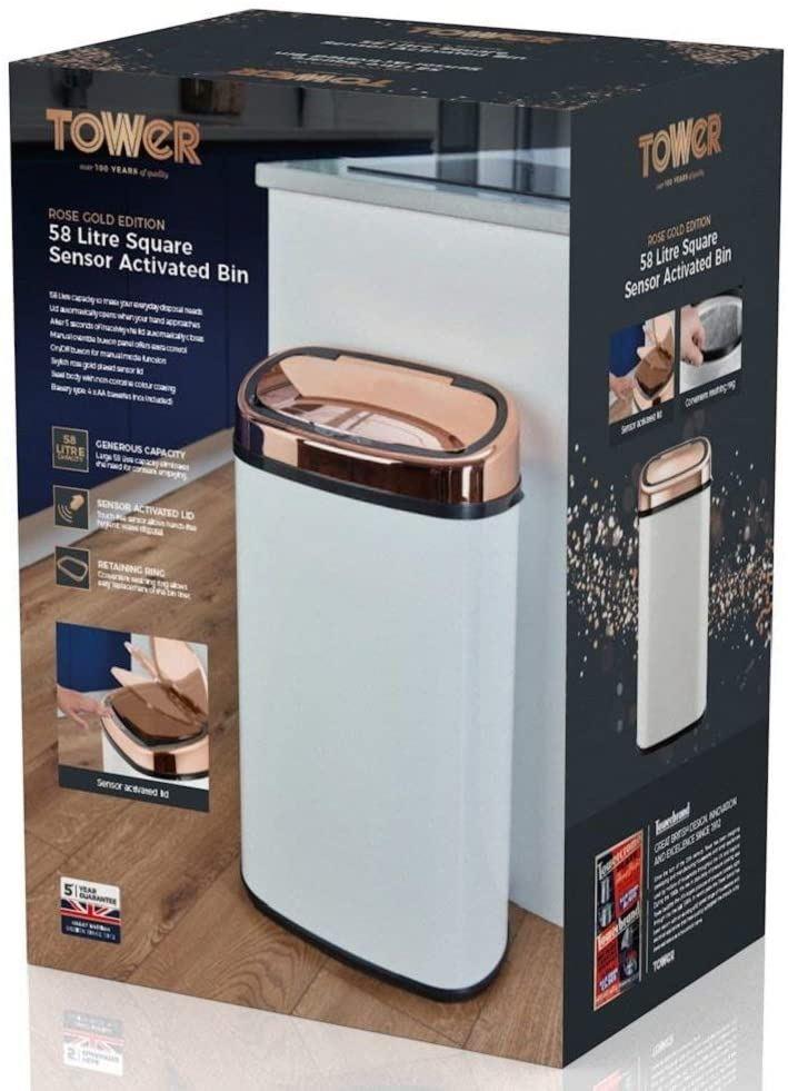 Tower Kitchen Bin Sensor Lid Touchless Hygienic Waste Disposal 58 Litre Black/White/Rose Gold T80904