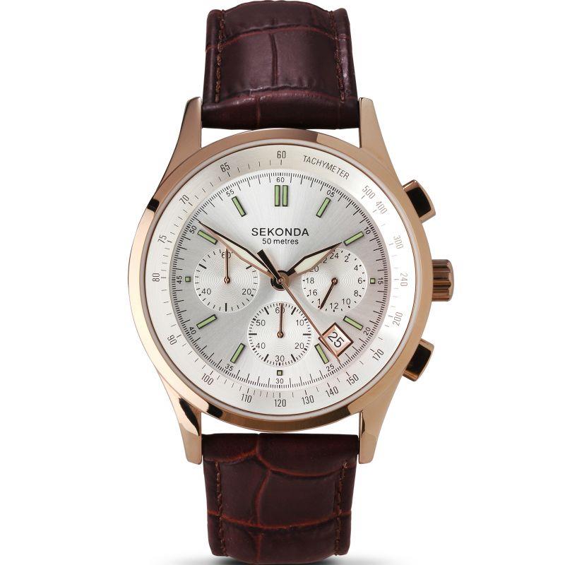 Sekonda Men's Chronograph Rose Gold With Brown leather strap watch 3847