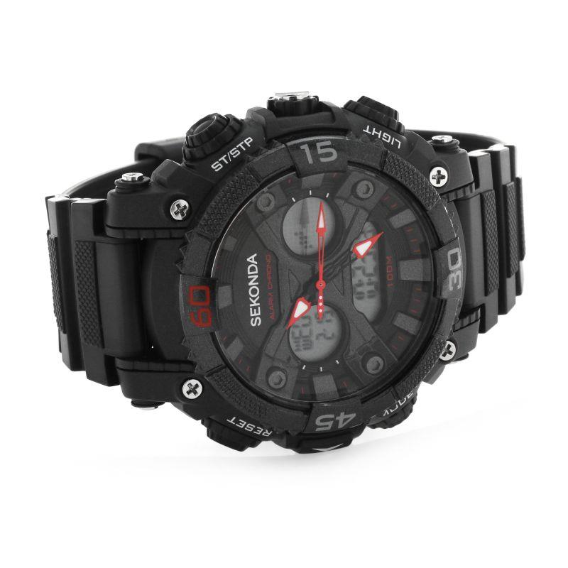 Sekonda Mens Chronograph Dual Time Black Rubber Strap Watch  - 1036