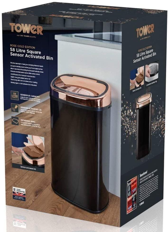 Tower Kitchen Bin Sensor Lid Touchless Hygienic Waste Disposal 58 Litre Black/White/Rose Gold T80904