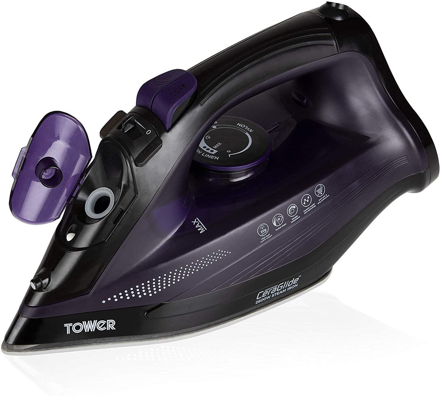 Tower T22011 CeraGlide Ultra-Speed Steam Iron with Variable Steam Function, Self-Cleaning and Anti-Calc, Purple, 2600 W