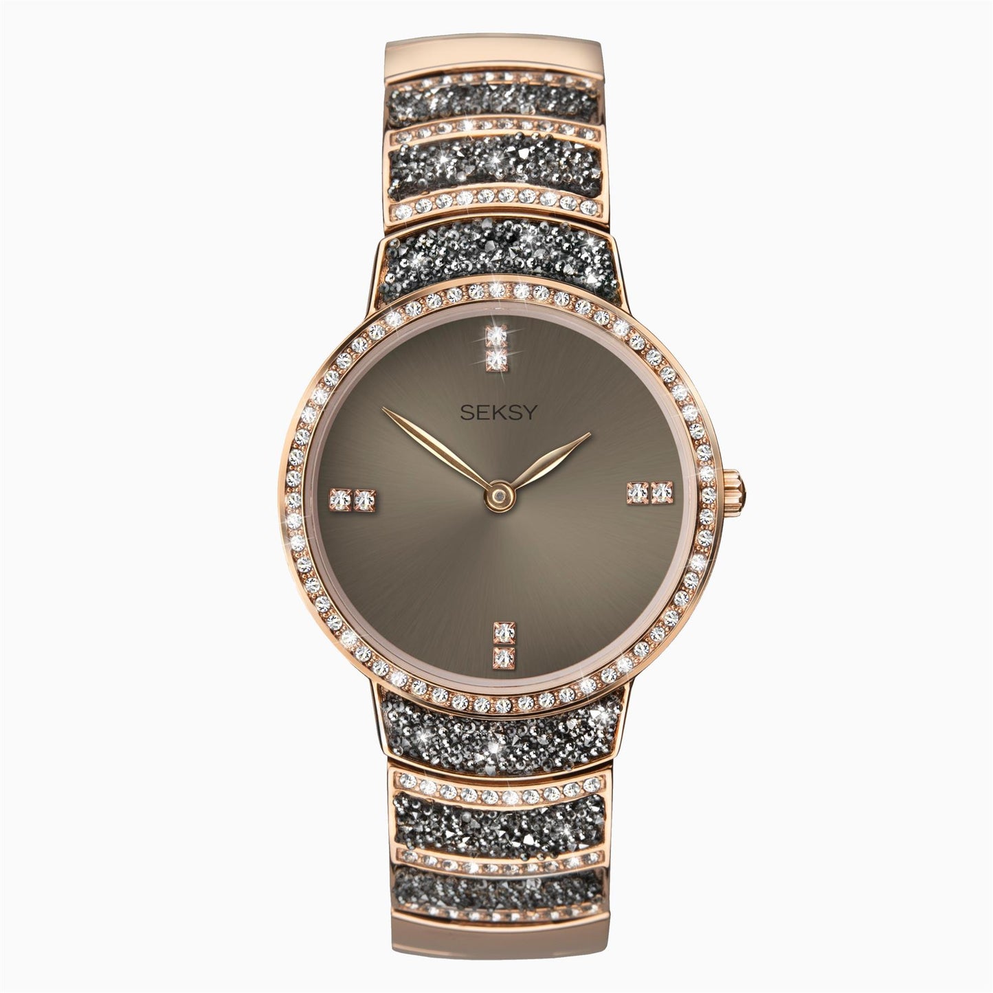 Seksy Rocks® Ladies Watch | Rose Gold Case & Brass Bracelet With Grey Dial | 2746