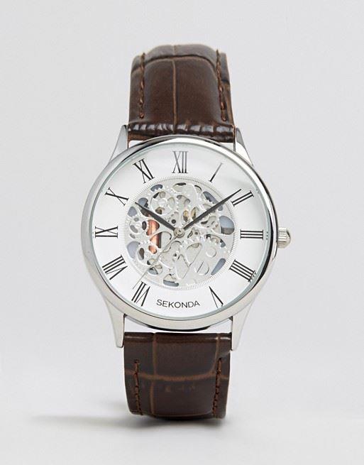 Sekonda Mens Fashion Skeleton Leather Strap Watch 1204