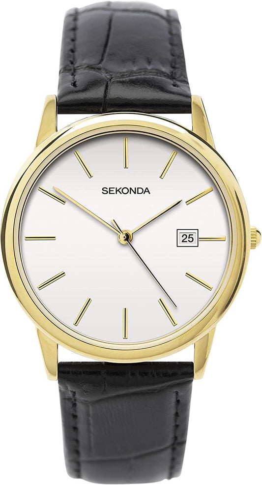 Sekonda Mens White Dial With Gold Battons, Dated, Black Leather Strap Watch 1718