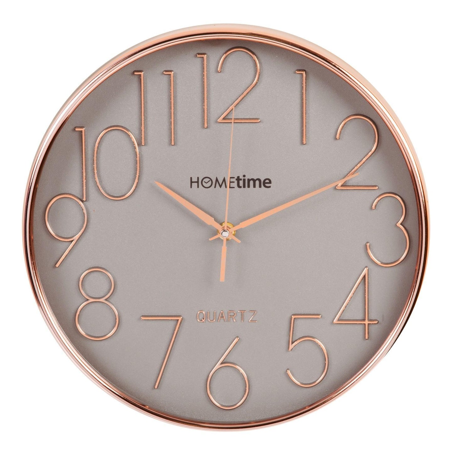 W7362 HOMETIME ROUND PLASTIC WALL CLOCK ROSE GOLD RAISED NUMBERS 30CM