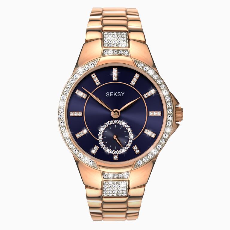 Seksy Ladies Rose Gold Case & Brass Bracelet With Navy Blue Dial Watch 2183