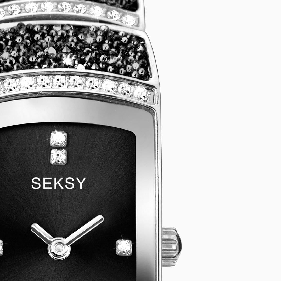 Seksy Rocks® Ladies Watch | Silver Case & Stainless Steel Bracelet With Black Dial | 2741