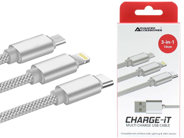 Advanced Accessories 3 in 1 USB Cable 10cm (8 Pin/USB-C/Micro)- Silver