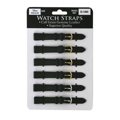 BLMR Regular Black Leather Watch Straps card of 6 Available sizes 8mm to 24mm