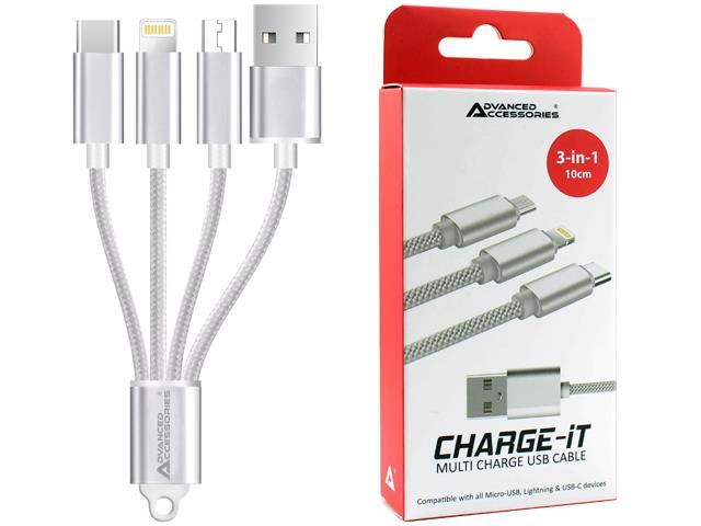 Advanced Accessories 3 in 1 USB Cable 10cm (8 Pin/USB-C/Micro)- Silver