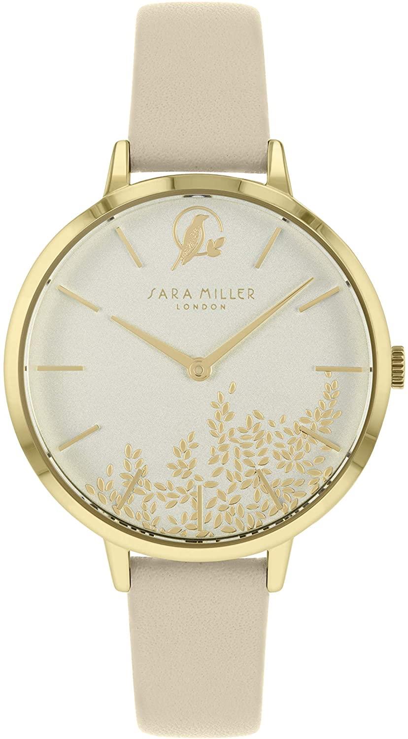 Sara Miller Leaf Collection Gold Plated Beige Leather Strap Watch SA2028