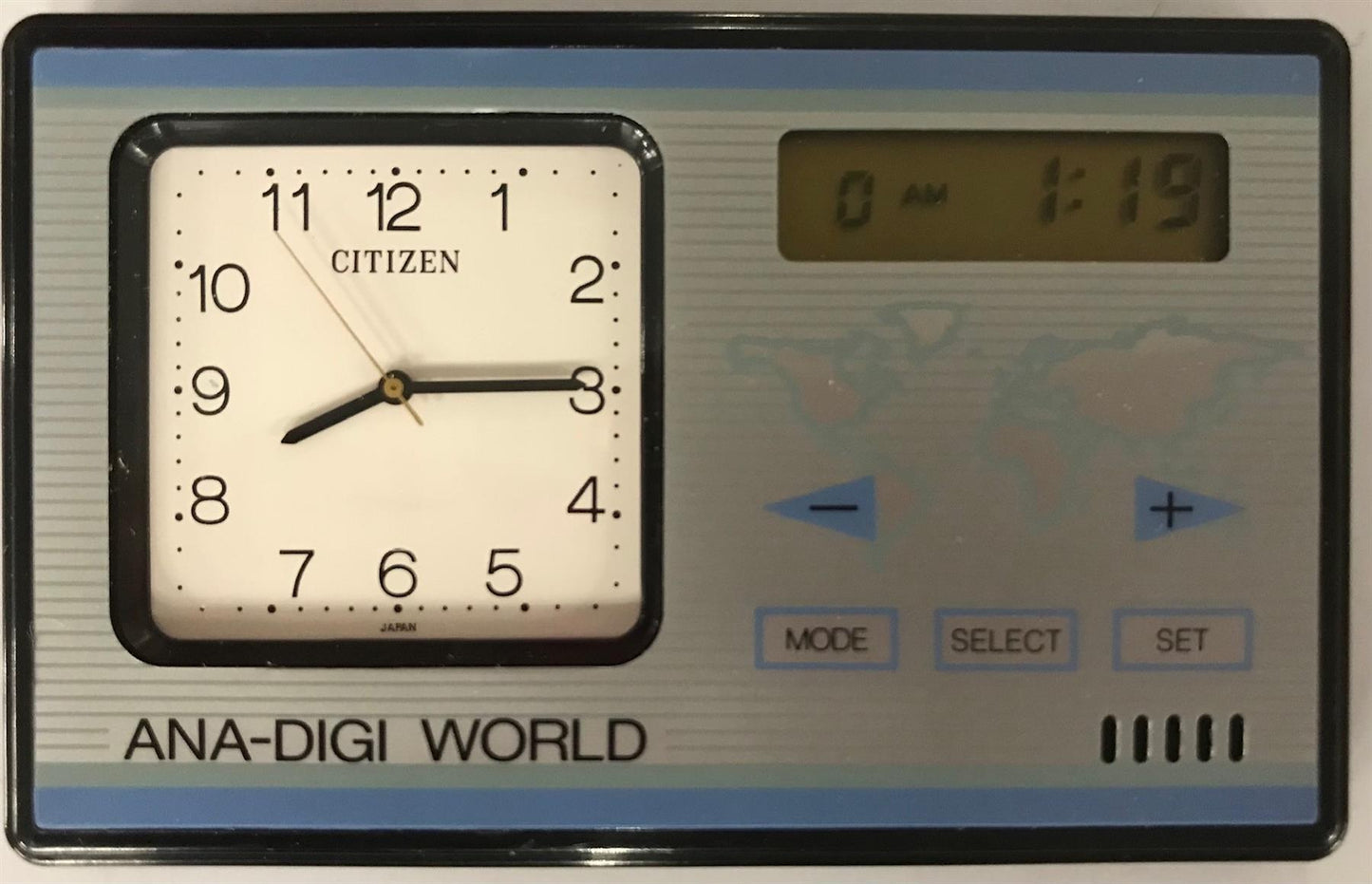 LPB9515B CITIZEN ANALOOGUE-DIGITAL WORLD TIME ALARM CLOCK SILVER/BLUE