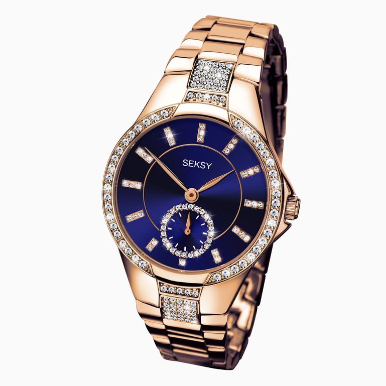 Seksy Ladies Rose Gold Case & Brass Bracelet With Navy Blue Dial Watch 2183