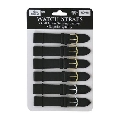 BLMR Regular Black Leather Watch Straps card of 6 Available sizes 8mm to 24mm